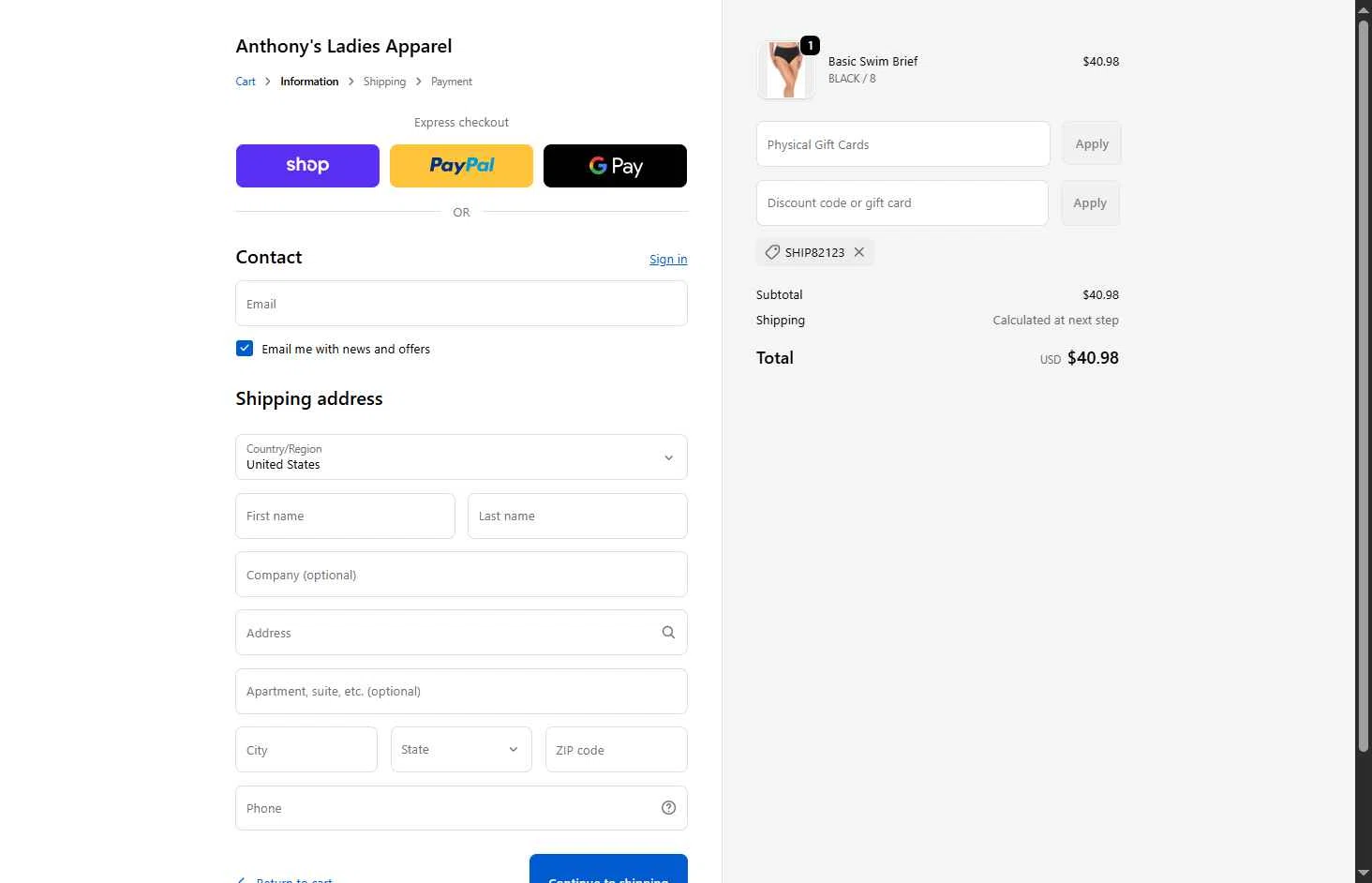 Anthony's Ladies Apparel checkout page showing Anthony's Ladies Apparel promo code box | Screenshot taken by SimplyCodes community member on Dec 16, 2025