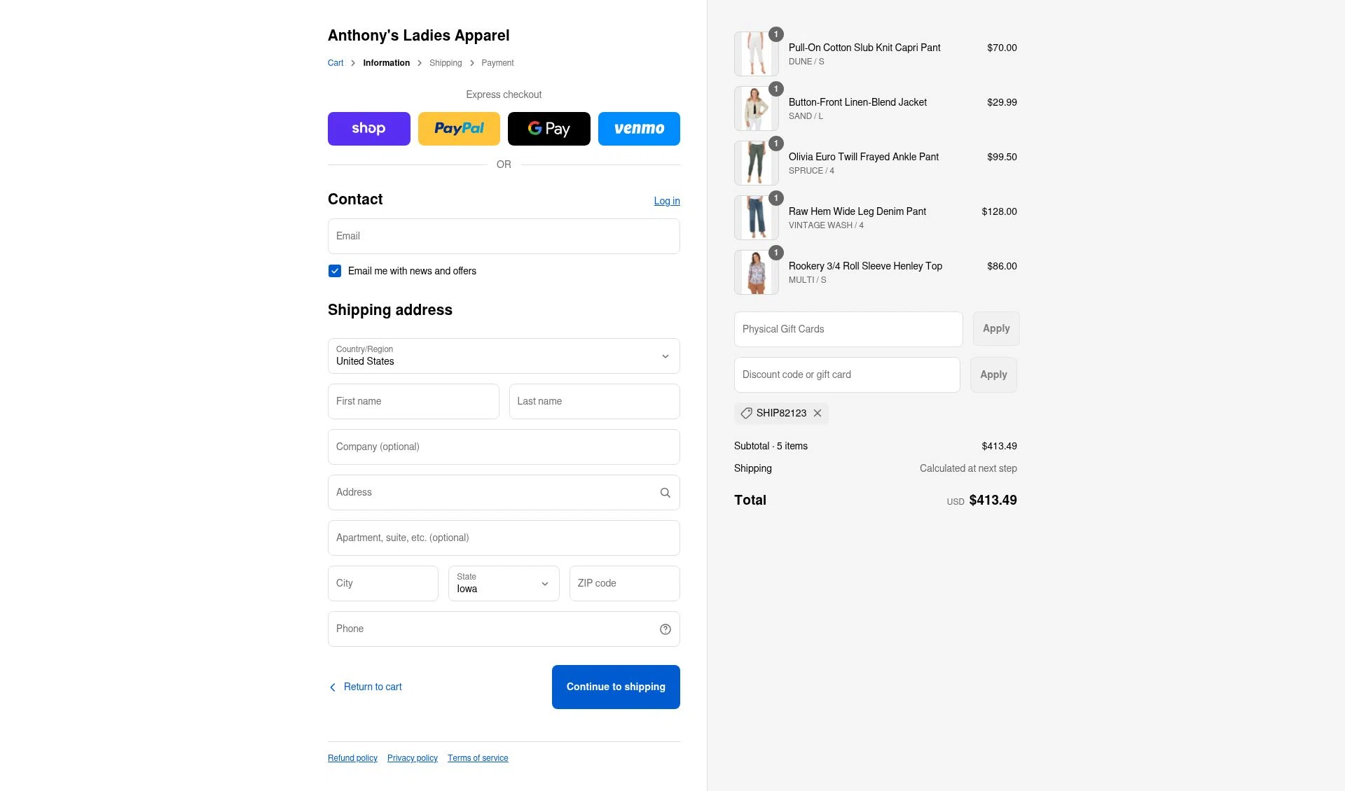 Anthony's Ladies Apparel checkout page showing Anthony's Ladies Apparel promo code box | Screenshot taken by SimplyCodes community member on Sep 7, 2025