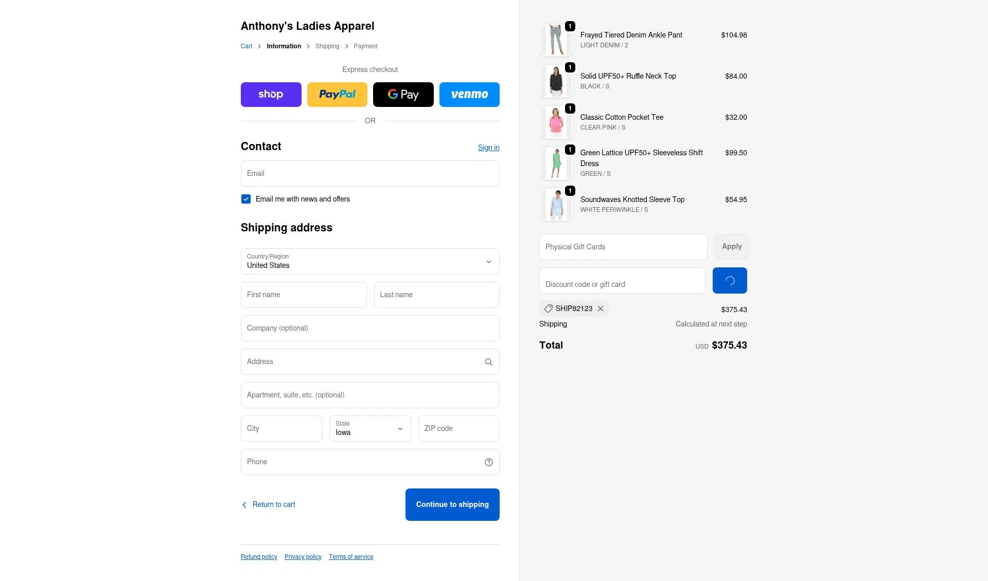 Anthony's Ladies Apparel checkout page showing Anthony's Ladies Apparel promo code box | Screenshot taken by SimplyCodes community member on Dec 22, 2025