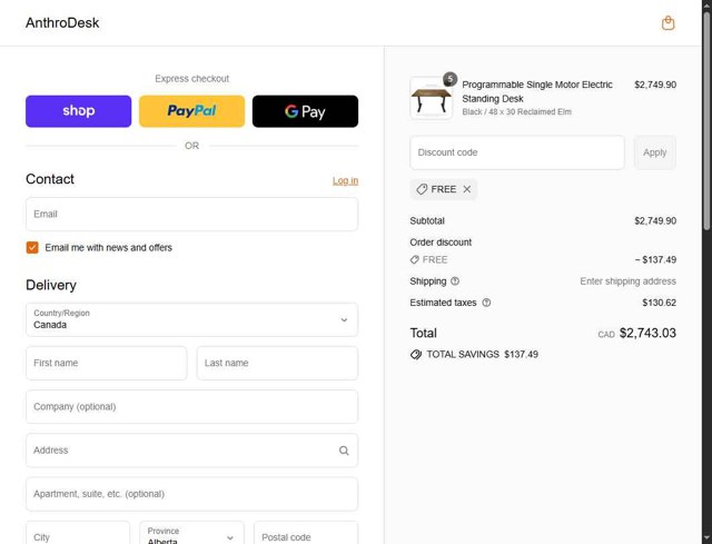 AnthroDesk checkout page showing AnthroDesk discount code box | Screenshot taken by SimplyCodes community member on Sep 3, 2025