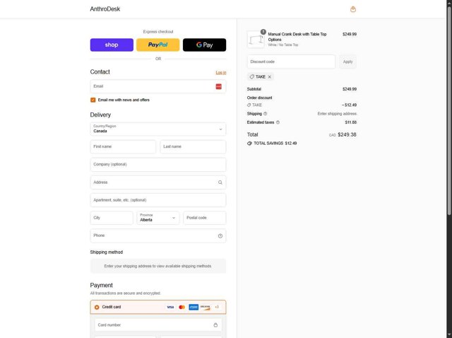 AnthroDesk checkout page showing AnthroDesk discount code box | Screenshot taken by SimplyCodes community member on Sep 3, 2025
