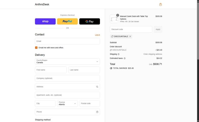 AnthroDesk checkout page showing AnthroDesk discount code box | Screenshot taken by SimplyCodes community member on Sep 3, 2025
