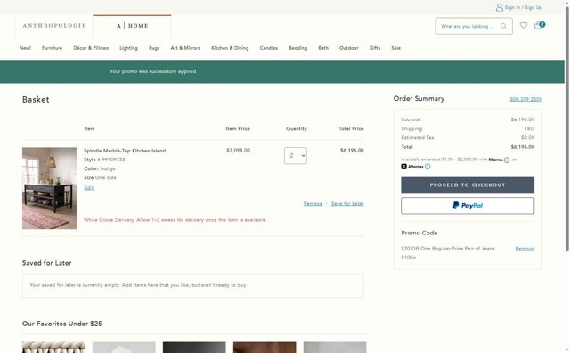 Anthropologie checkout page showing Anthropologie promo code box | Screenshot taken by SimplyCodes community member on Aug 12, 2025