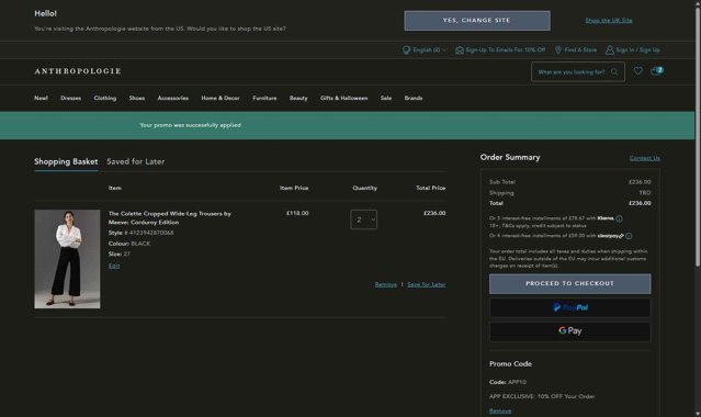 Anthropologie checkout page showing Anthropologie promo code box | Screenshot taken by SimplyCodes community member on Aug 27, 2025