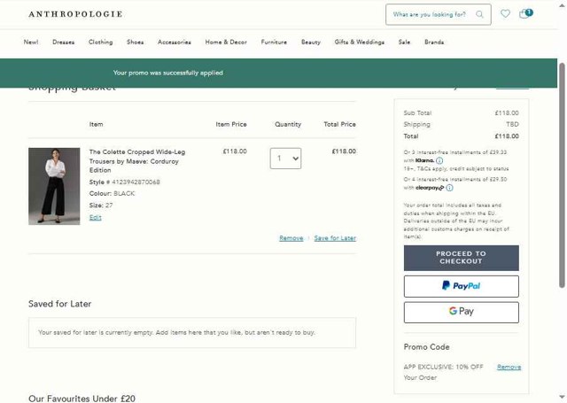 Anthropologie checkout page showing Anthropologie promo code box | Screenshot taken by SimplyCodes community member on Aug 12, 2025
