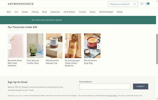 Anthropologie checkout page showing Anthropologie promo code box | Screenshot taken by SimplyCodes community member on Aug 15, 2025