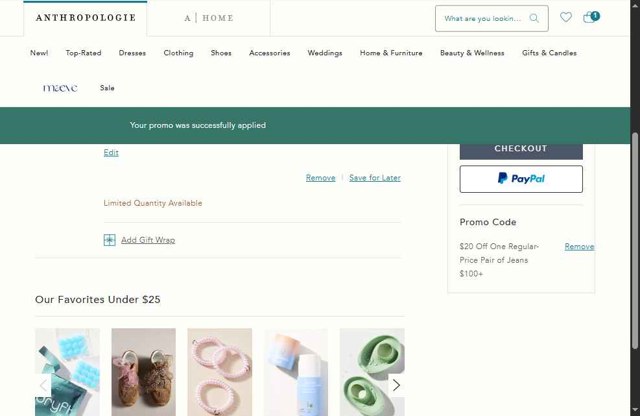 Anthropologie checkout page showing Anthropologie promo code box | Screenshot taken by SimplyCodes community member on Aug 25, 2025