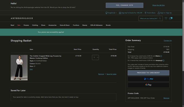 Anthropologie checkout page showing Anthropologie promo code box | Screenshot taken by SimplyCodes community member on Aug 18, 2025