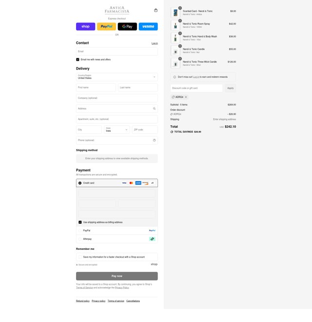 Antica Farmacista checkout page showing Antica Farmacista coupon code box | Screenshot taken by SimplyCodes community member on Sep 4, 2025