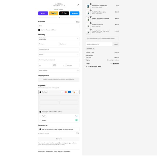 Antica Farmacista checkout page showing Antica Farmacista coupon code box | Screenshot taken by SimplyCodes community member on Sep 4, 2025