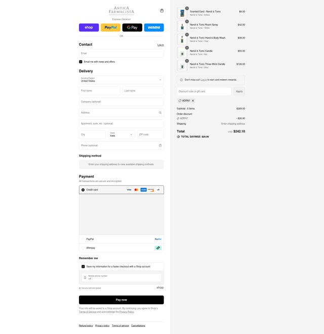Antica Farmacista checkout page showing Antica Farmacista coupon code box | Screenshot taken by SimplyCodes community member on Sep 4, 2025