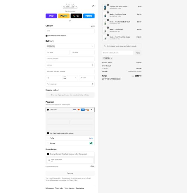 Antica Farmacista checkout page showing Antica Farmacista coupon code box | Screenshot taken by SimplyCodes community member on Sep 4, 2025