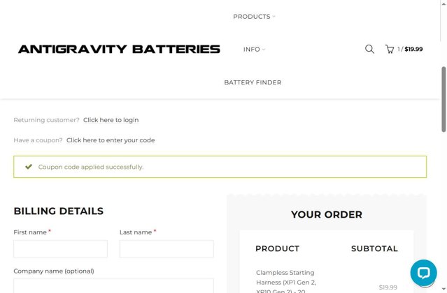Antigravity Batteries checkout page showing Antigravity Batteries coupon code box | Screenshot taken by SimplyCodes community member on Aug 30, 2025