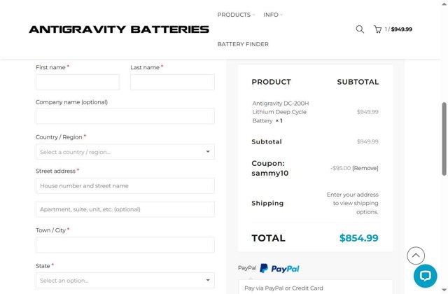 Antigravity Batteries checkout page showing Antigravity Batteries coupon code box | Screenshot taken by SimplyCodes community member on Aug 22, 2025