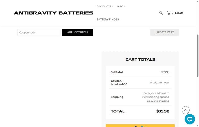 Antigravity Batteries checkout page showing Antigravity Batteries coupon code box | Screenshot taken by SimplyCodes community member on Aug 30, 2025