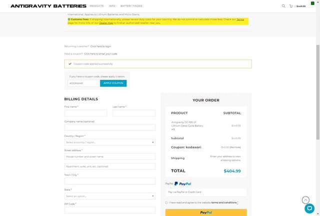 Antigravity Batteries checkout page showing Antigravity Batteries coupon code box | Screenshot taken by SimplyCodes community member on Aug 30, 2025