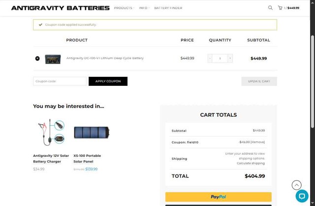 Antigravity Batteries checkout page showing Antigravity Batteries coupon code box | Screenshot taken by SimplyCodes community member on Aug 30, 2025