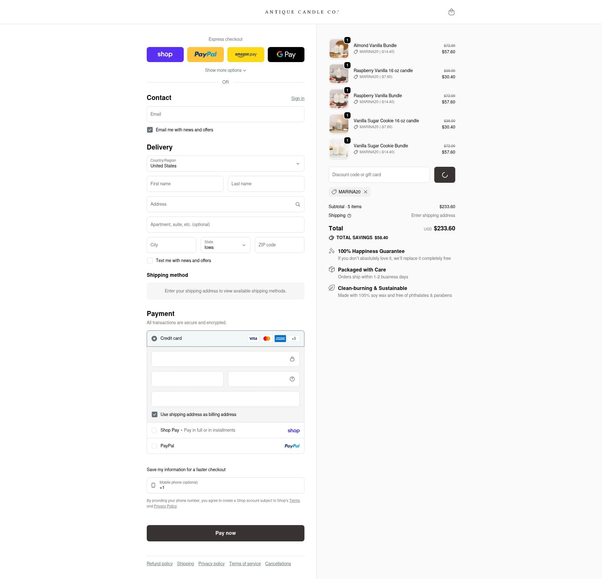 Antique Candle Works checkout page showing Antique Candle Works promo code box | Screenshot taken by SimplyCodes community member on Feb 7, 2026