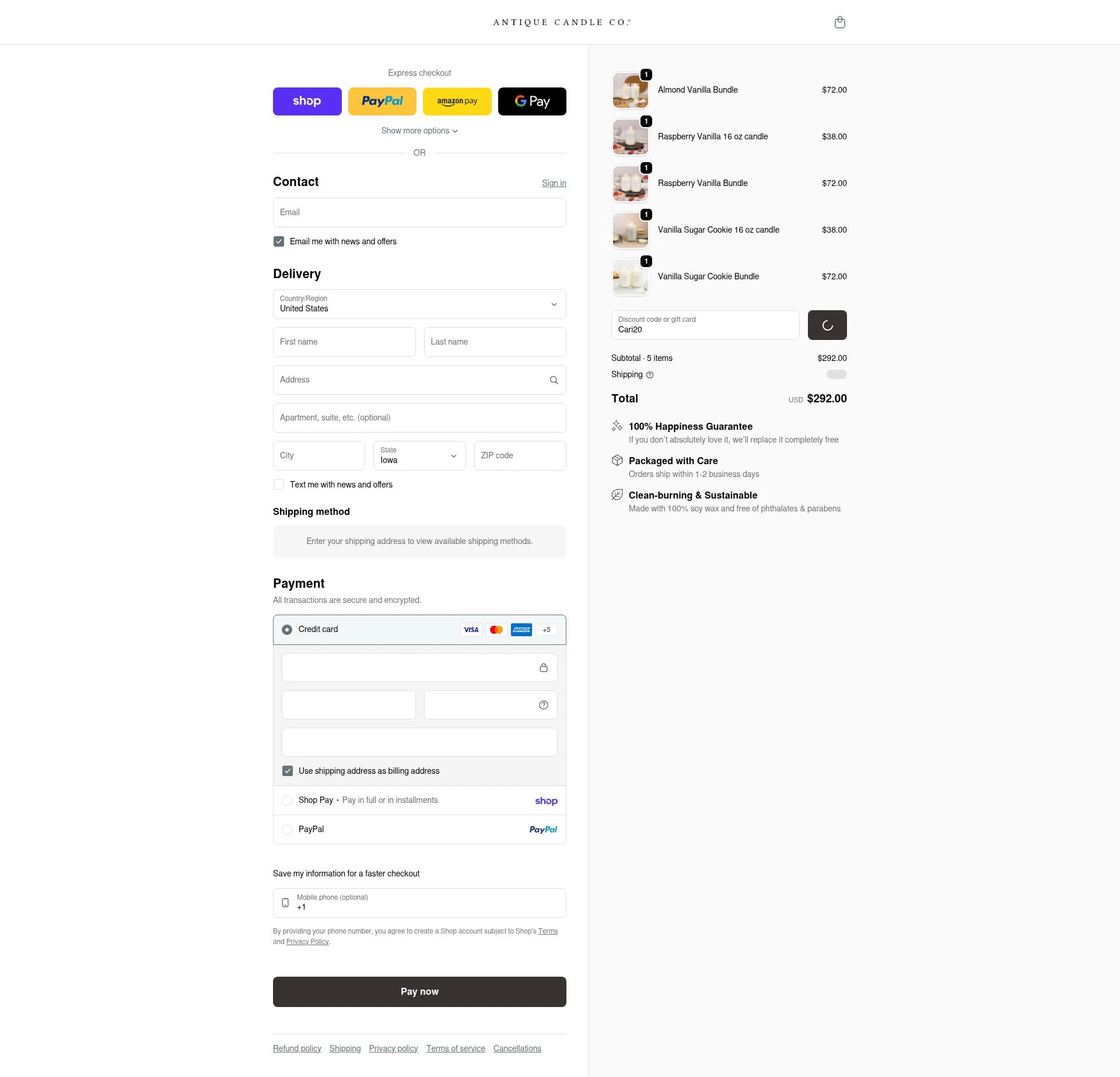 Antique Candle Works checkout page showing Antique Candle Works promo code box | Screenshot taken by SimplyCodes community member on Feb 7, 2026