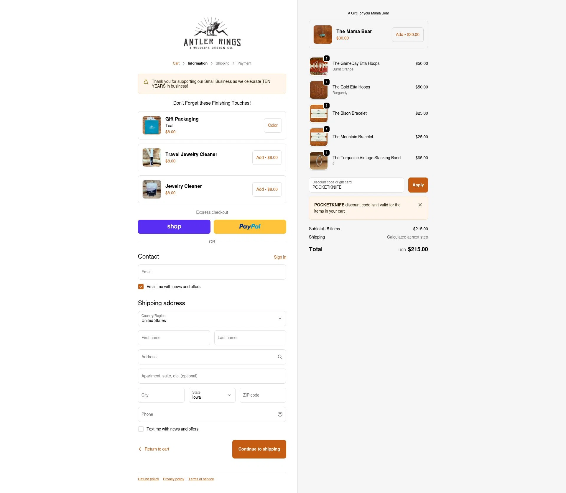 Antler Rings checkout page showing Antler Rings discount code box | Screenshot taken by SimplyCodes community member on Oct 2, 2025