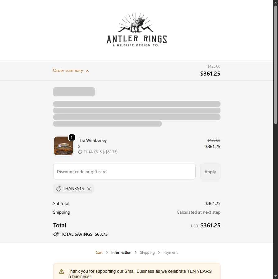 Antler Rings checkout page showing Antler Rings discount code box | Screenshot taken by SimplyCodes community member on Oct 25, 2025