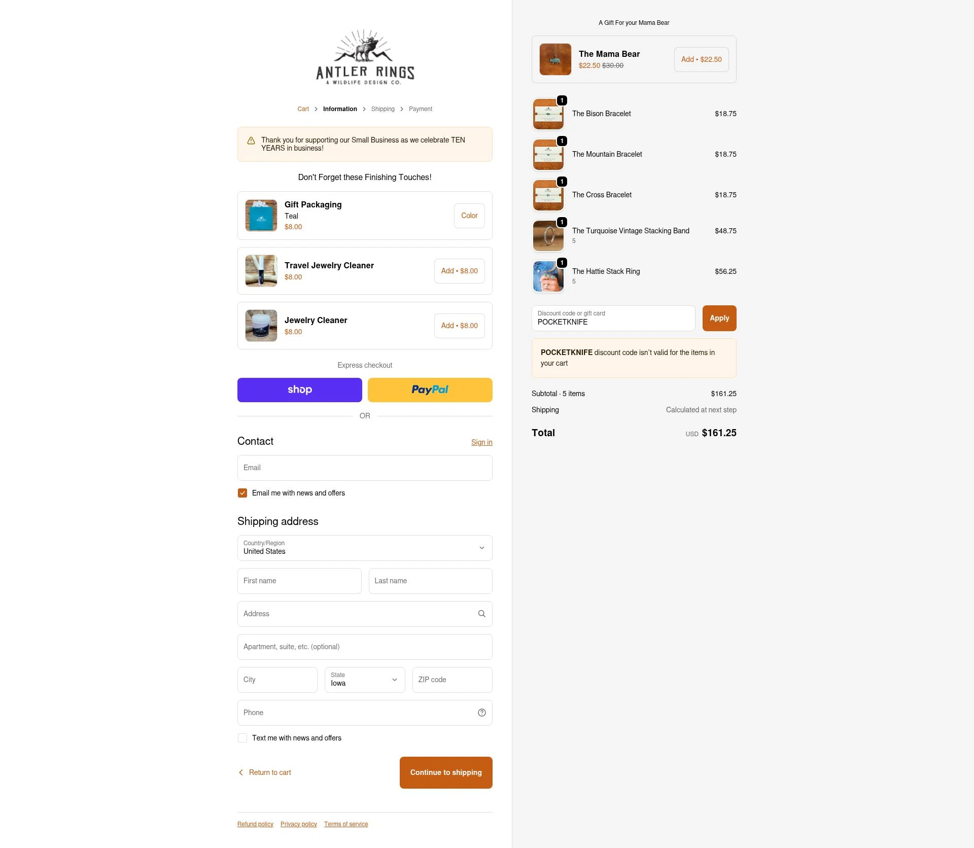 Antler Rings checkout page showing Antler Rings discount code box | Screenshot taken by SimplyCodes community member on Sep 19, 2025