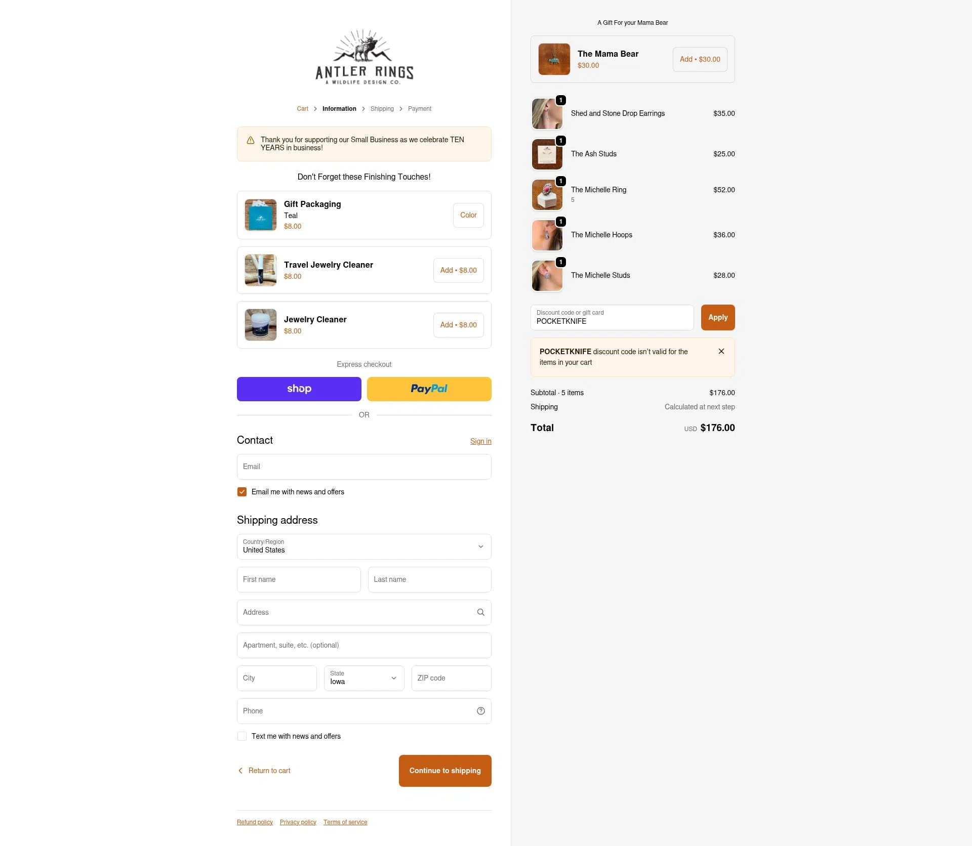 Antler Rings checkout page showing Antler Rings discount code box | Screenshot taken by SimplyCodes community member on Oct 26, 2025