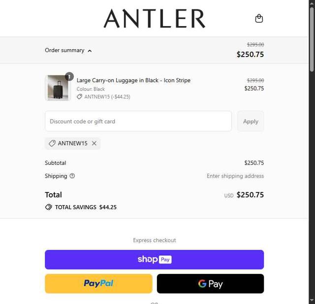 Antler US checkout page showing Antler US promo code box | Screenshot taken by SimplyCodes community member on Jul 17, 2025