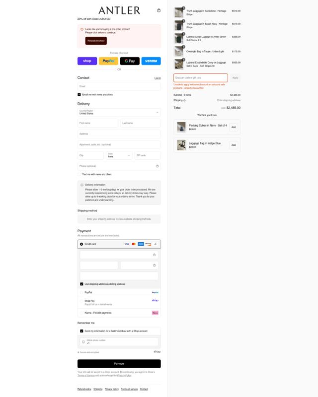 Antler US checkout page showing Antler US promo code box | Screenshot taken by SimplyCodes community member on Aug 31, 2025