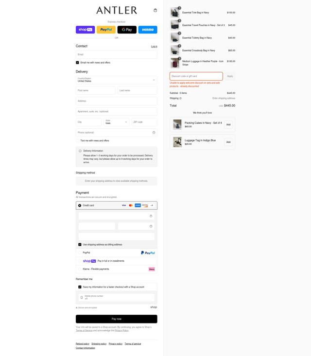 Antler US checkout page showing Antler US promo code box | Screenshot taken by SimplyCodes community member on Jul 23, 2025
