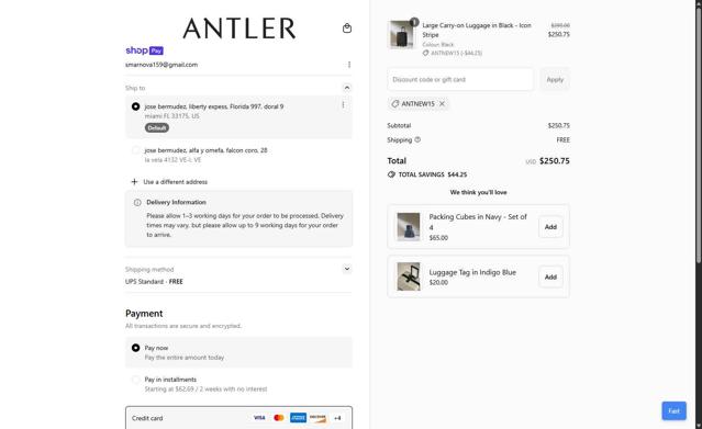 Antler US checkout page showing Antler US promo code box | Screenshot taken by SimplyCodes community member on Jul 17, 2025