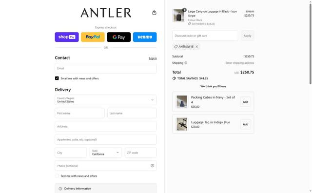 Antler US checkout page showing Antler US promo code box | Screenshot taken by SimplyCodes community member on Jul 17, 2025