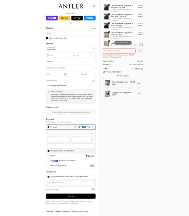 Antler US checkout page showing Antler US promo code box | Screenshot taken by SimplyCodes community member on Aug 9, 2025