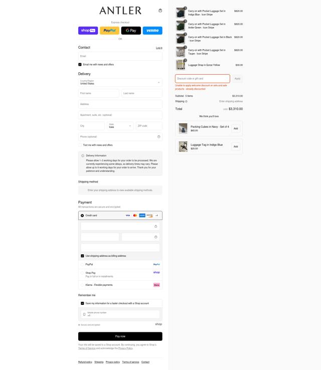 Antler US checkout page showing Antler US promo code box | Screenshot taken by SimplyCodes community member on Aug 17, 2025