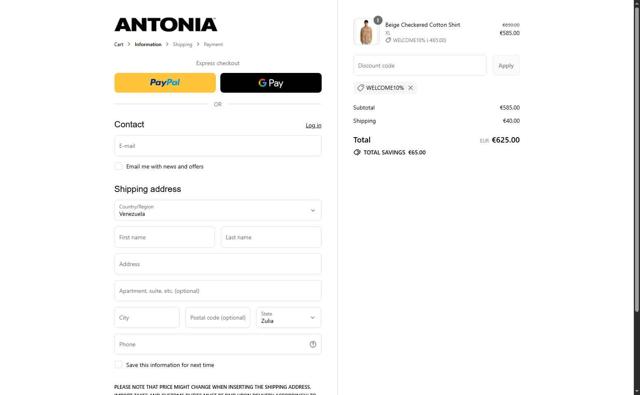 Antonia checkout page showing Antonia promo code box | Screenshot taken by SimplyCodes community member on Sep 6, 2025