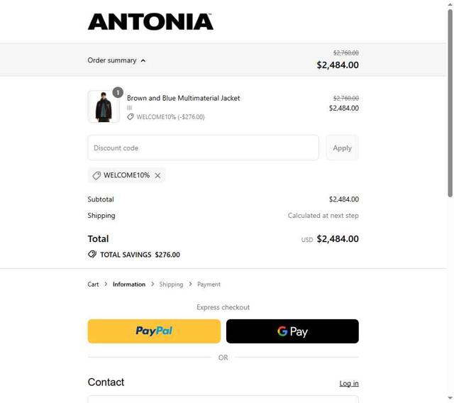 Antonia checkout page showing Antonia promo code box | Screenshot taken by SimplyCodes community member on Jul 25, 2025