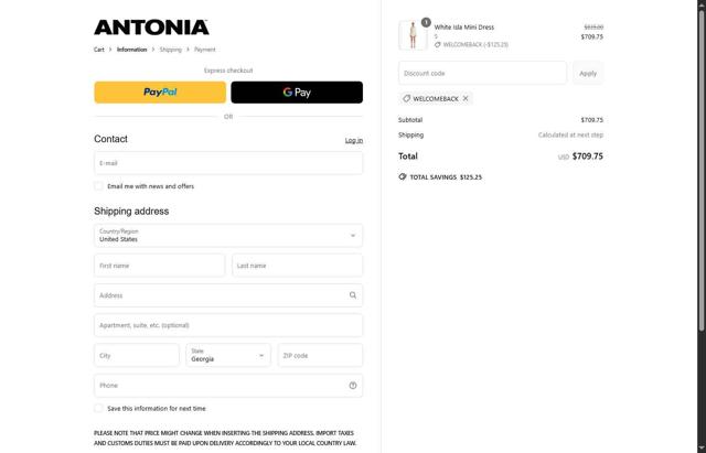 Antonia checkout page showing Antonia promo code box | Screenshot taken by SimplyCodes community member on May 30, 2025