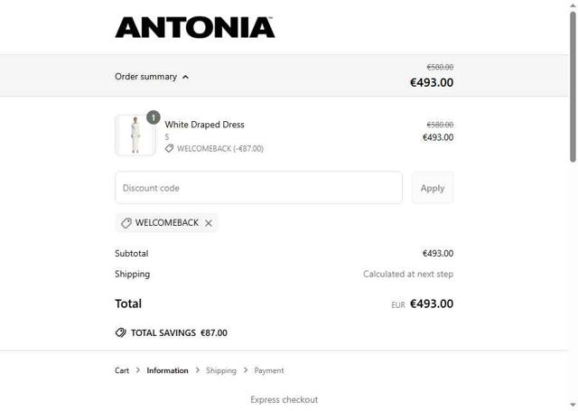 Antonia checkout page showing Antonia promo code box | Screenshot taken by SimplyCodes community member on Jun 7, 2025