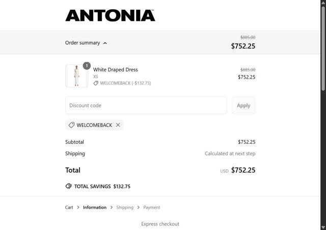 Antonia checkout page showing Antonia promo code box | Screenshot taken by SimplyCodes community member on May 30, 2025