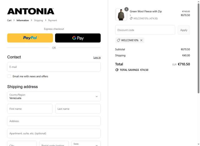 Antonia checkout page showing Antonia promo code box | Screenshot taken by SimplyCodes community member on Aug 19, 2025