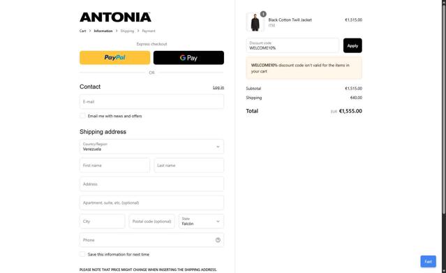 Antonia checkout page showing Antonia promo code box | Screenshot taken by SimplyCodes community member on Jun 29, 2025