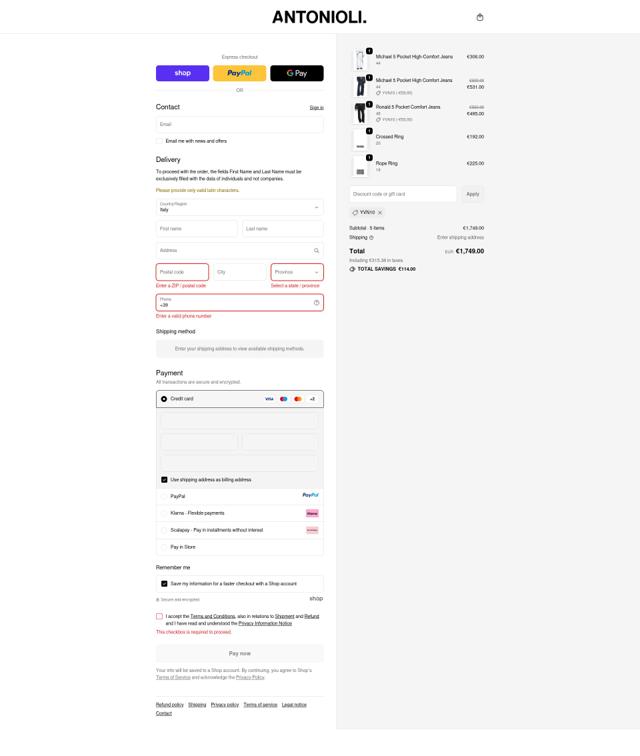 Antonioli checkout page showing Antonioli discount code box | Screenshot taken by SimplyCodes community member on Oct 6, 2025