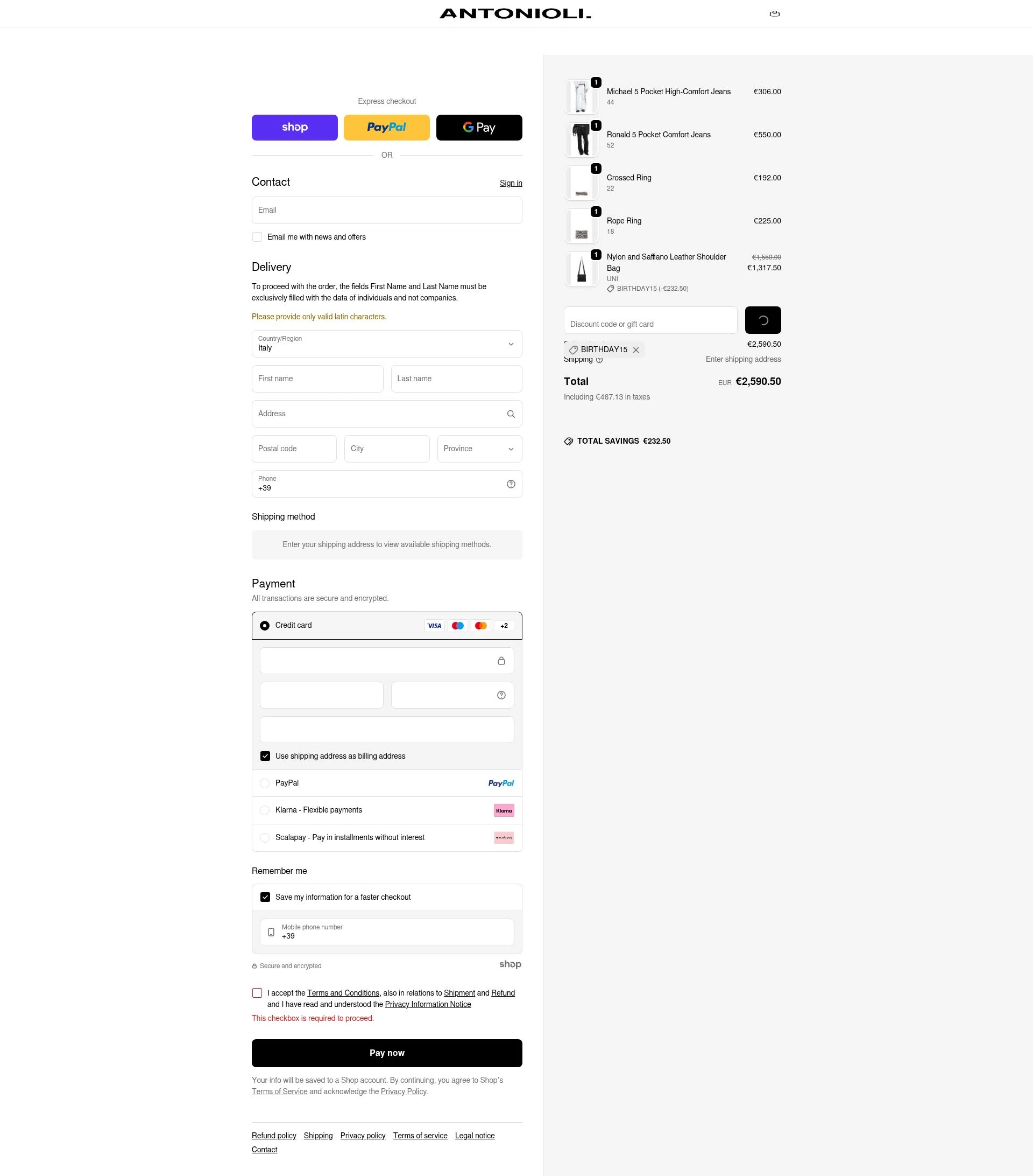 Antonioli checkout page showing Antonioli discount code box | Screenshot taken by SimplyCodes community member on Dec 27, 2025