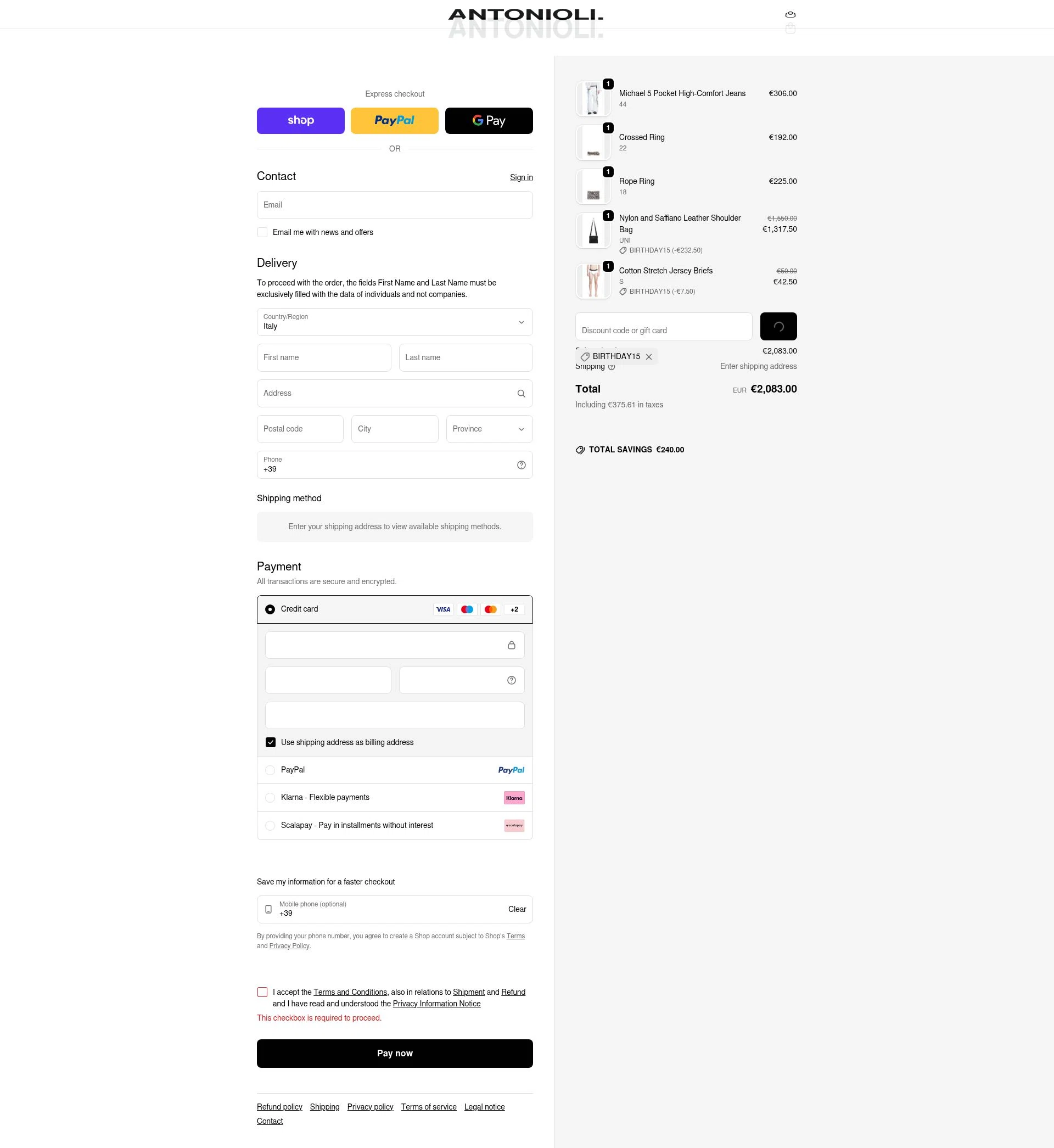 Antonioli checkout page showing Antonioli discount code box | Screenshot taken by SimplyCodes community member on Feb 4, 2026