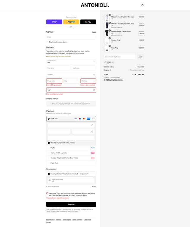 Antonioli checkout page showing Antonioli discount code box | Screenshot taken by SimplyCodes community member on Sep 7, 2025