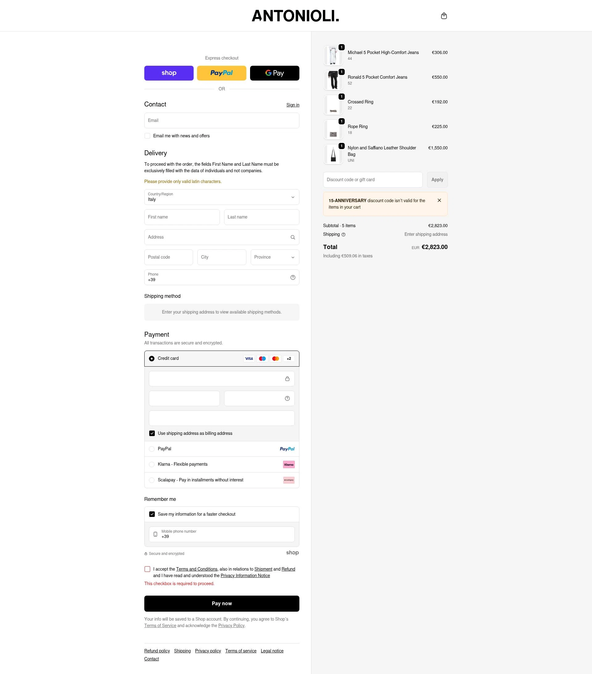 Antonioli checkout page showing Antonioli discount code box | Screenshot taken by SimplyCodes community member on Dec 27, 2025