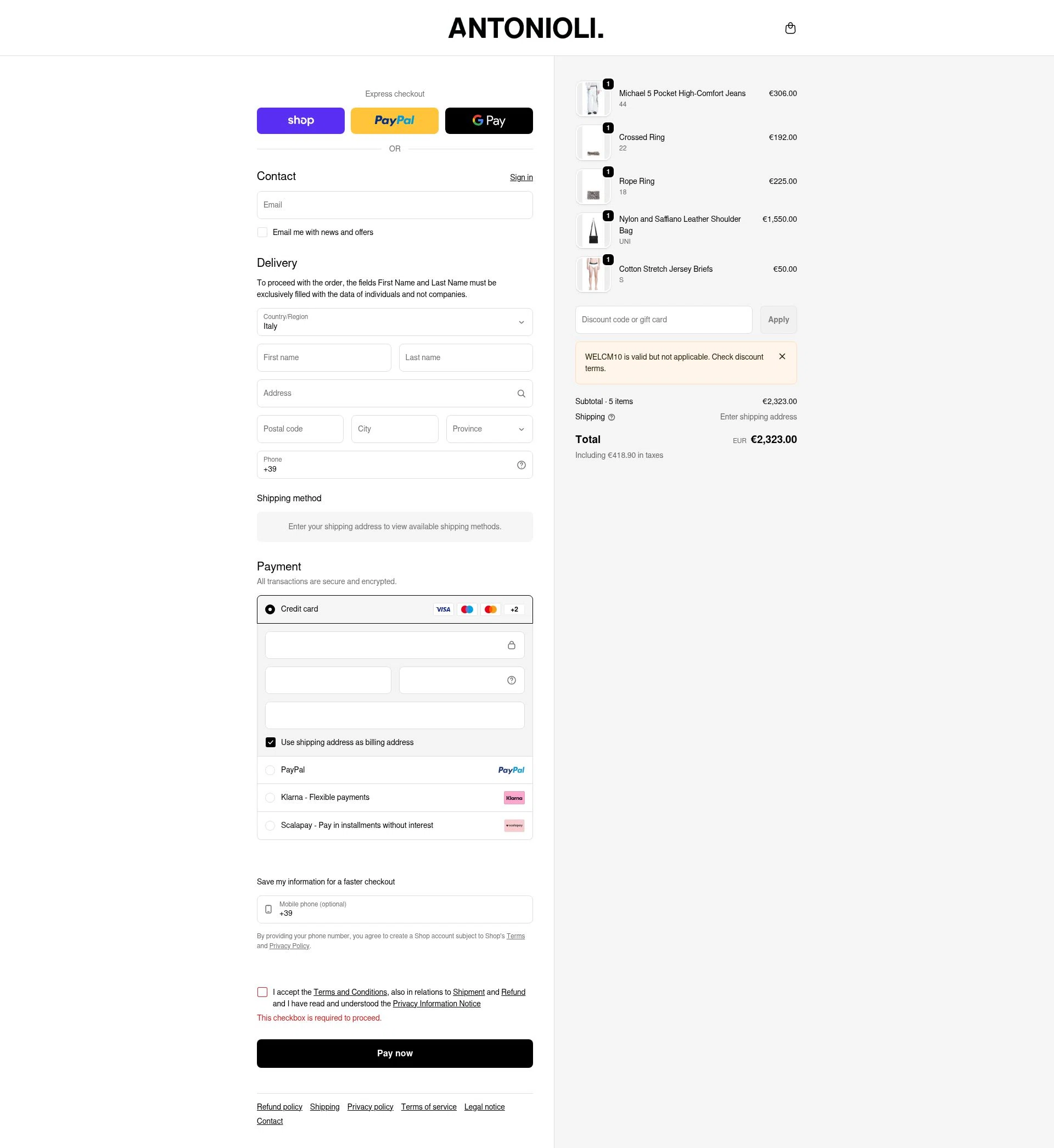 Antonioli checkout page showing Antonioli discount code box | Screenshot taken by SimplyCodes community member on Feb 4, 2026