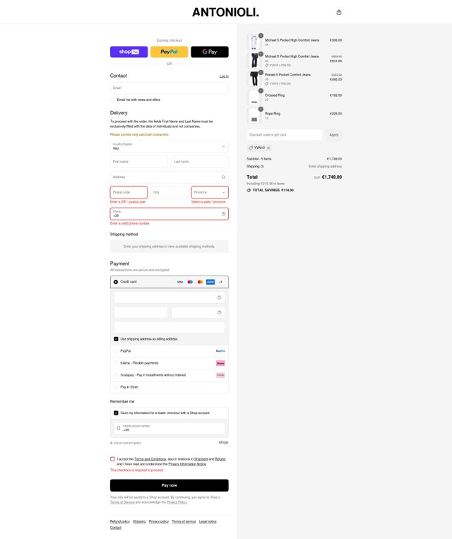 Antonioli checkout page showing Antonioli discount code box | Screenshot taken by SimplyCodes community member on Aug 21, 2025