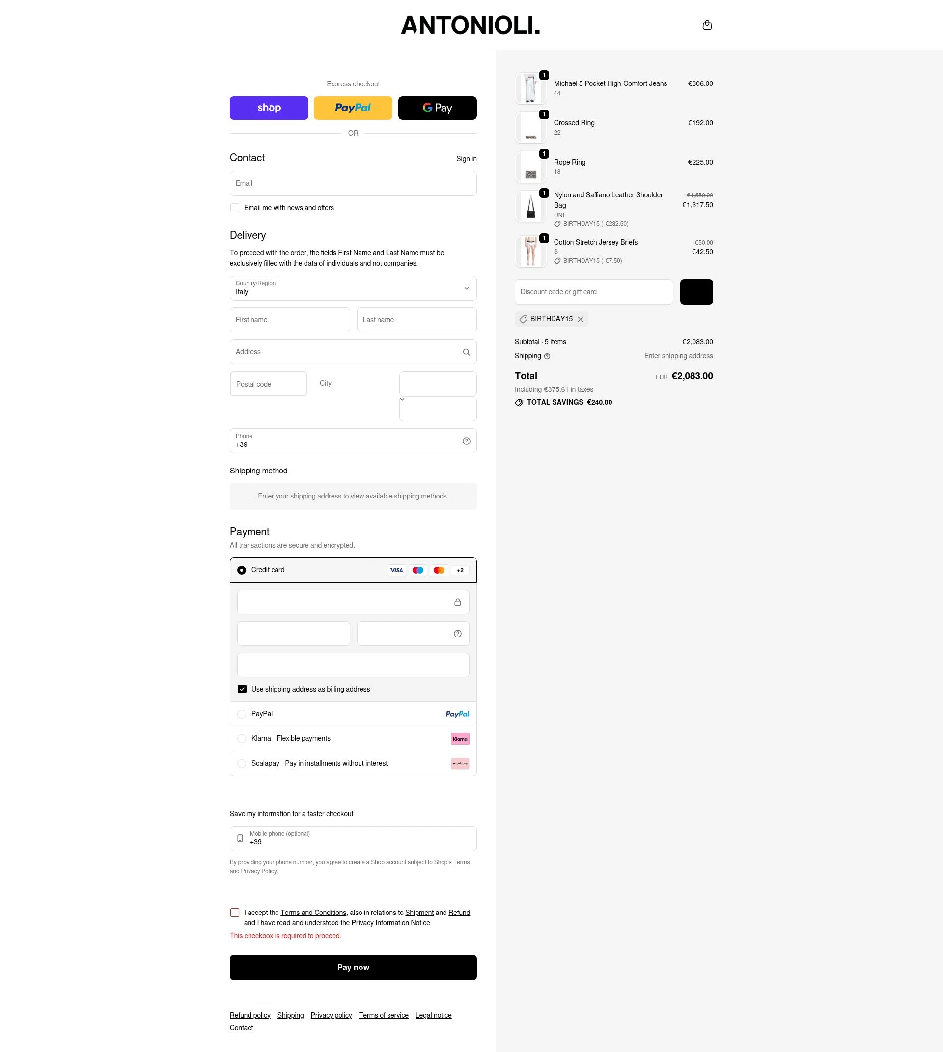 Antonioli checkout page showing Antonioli discount code box | Screenshot taken by SimplyCodes community member on Feb 26, 2026