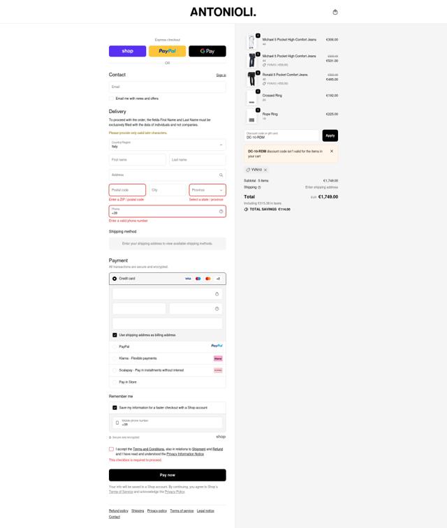 Antonioli checkout page showing Antonioli discount code box | Screenshot taken by SimplyCodes community member on Oct 6, 2025